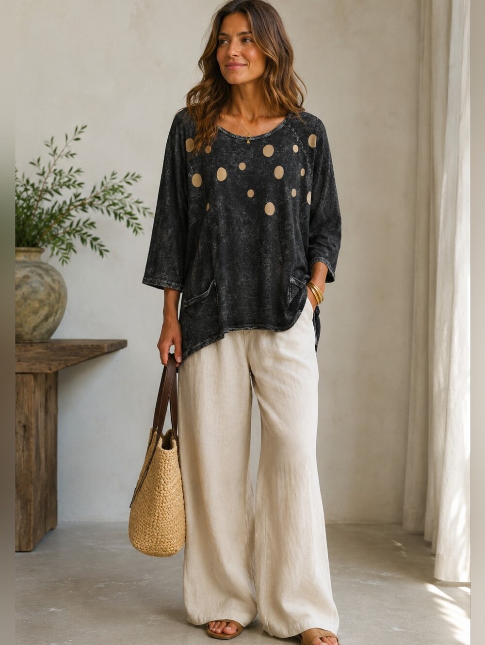 Jess & Jane Mineral Washed Rain Dots Soft Black Polka Dot Top Large Lagenlook